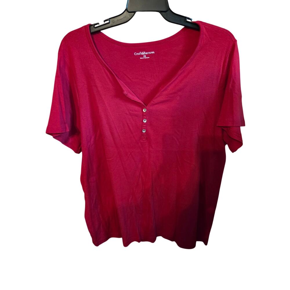 Croft & Barrow Red Short Sleeve Henley Tunic Top - Plus Size 2X